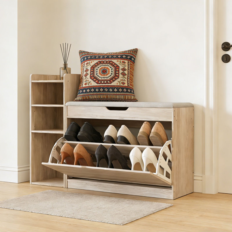 37.8" Shoe Storage Bench With Cushion, Flip-top Shoe Cabinet With Adjustable Shelves And Side Storage Compartment, Modern Narrow Shoe Organizer For Entryway