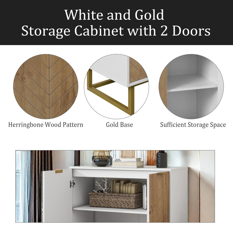 Armoire de rangement blanche et dorée avec 2 portes, armoire buffet moderne, armoire de cuisine avec buffet de rangement pour le salon