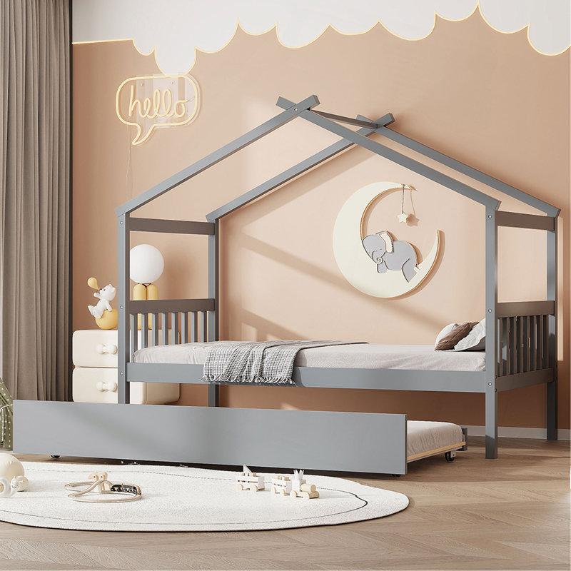 Lit simple en bois avec lit gigogne simple, Gris