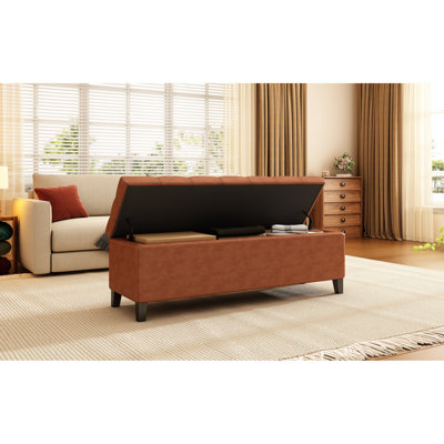 Bouton, brun cognac, avec rangement, point losange, cuir pu, pieds en bois de bouleau, design contemporain, rangement polyvalent avec coutures brunes, fonction, profondeur de 51,3 po, largeur de 17,96 po, hauteur de 16,27 po, 23,43 po
