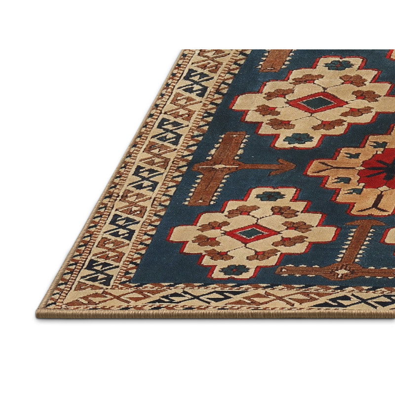Tapis oriental bleu / ivoire / rouge, Rectangle 5 pi x 7 pi