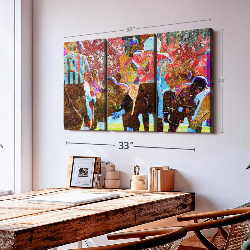 Footballeurs sur toile, H 24 po x l 38 po x P 1,25 po