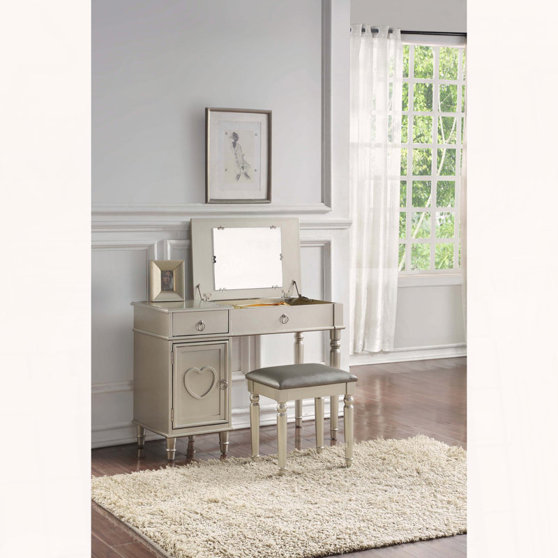 Vanity Set with Open-Up Mirror and Storage Space, Silver