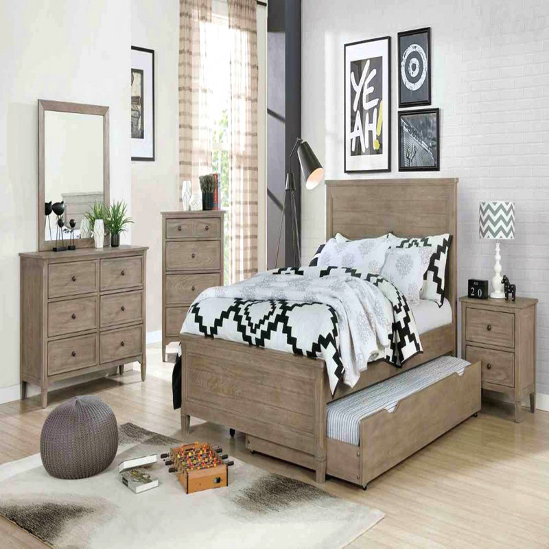 Wire-Brushed Warm Gray 1pc Nightstand, Bedside Table with Round Pull Knobs