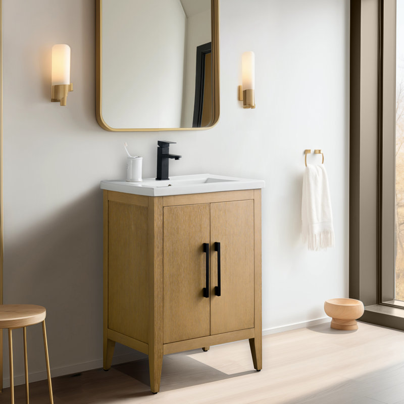 Single Bathroom Vanity with Ceramic Top, 24", Matte Black, Natural Oak