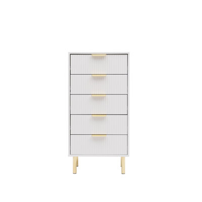 Ailean Ribbed 5 Drawer Tallboy Chest of Drawers – White or Black Gloss Fluted Fronts with Gold Legs & Handles (50cm Wide)