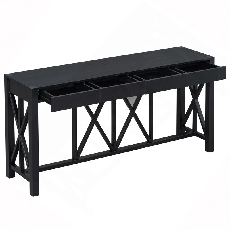 60"Acacia Veneer Console Table With 4 Spacious Drawers, Crisscross Design Entryway Table With Open Bottom Storage,Farmhouse Sofa Table For Living Room,Kitchen,Dining Room,Hallway