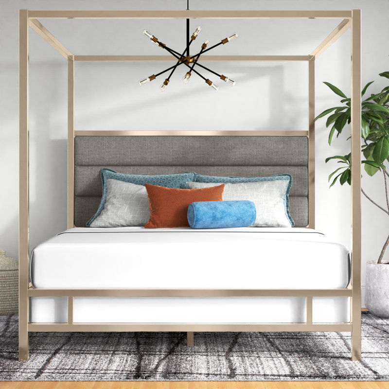 Pettaway Upholstered Metal Canopy Bed, Champagne Gold/Gray, Queen