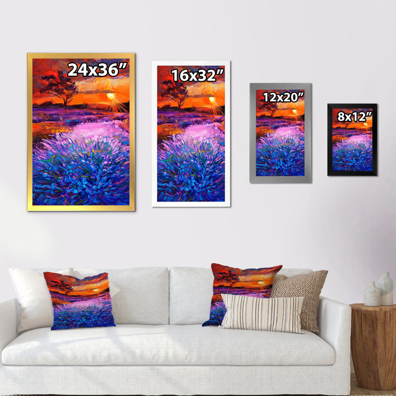 Lavender Fields During Sunset - Painting on Canvas, Black Picture Framed , 20" H x 12" W x 1" D