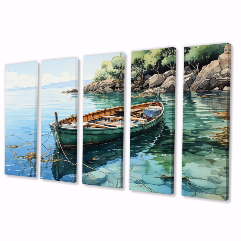 Bateau ancré IV - reproduction d'art mural côtier - 5 panneaux égaux