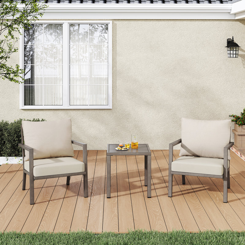 Ensemble de conversation d'extérieur en aluminium 3 pièces avec coussins beiges et table d'appoint Mornlift, Beige, Gris