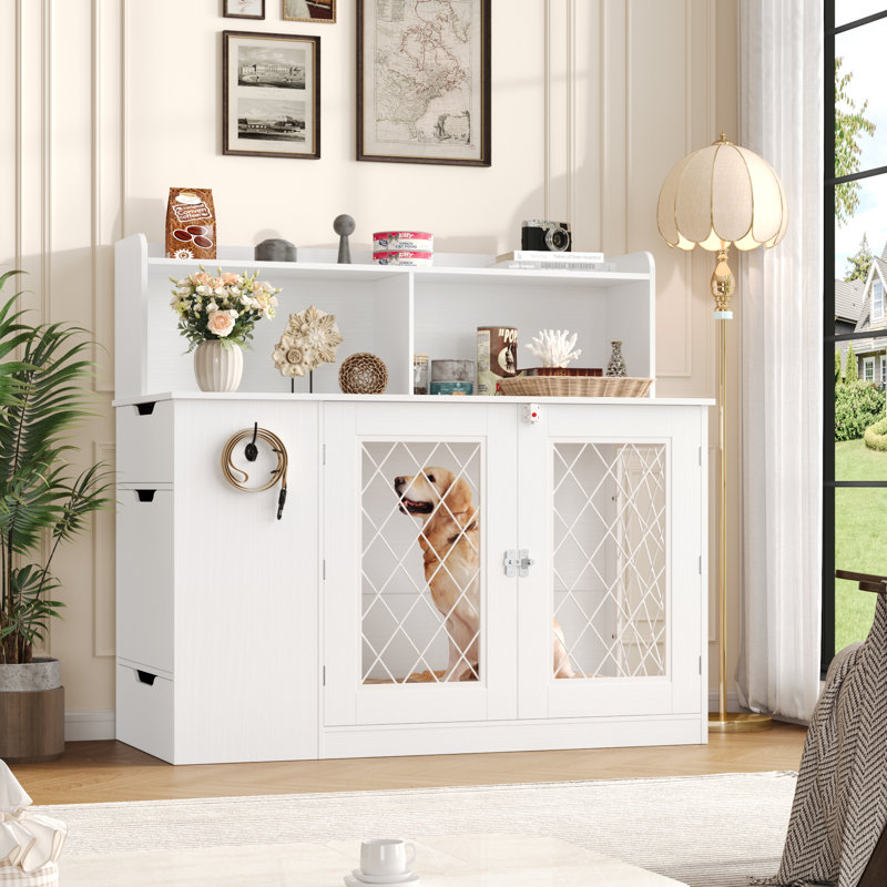 47.2"W Dog Crate With Food Storage Drawer, 2 Feeding Bowls