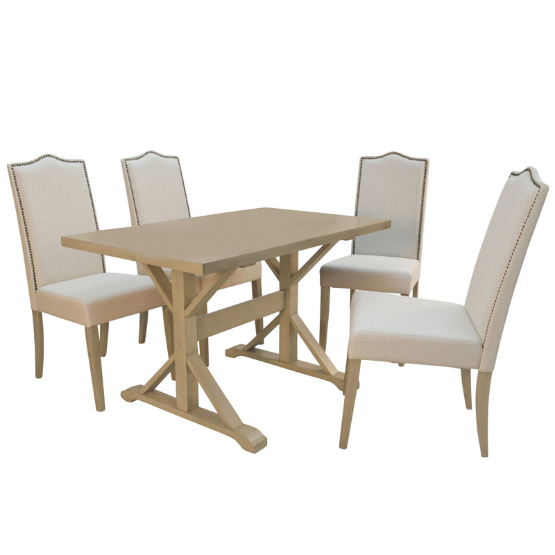 Florence Trestle Table And 4 Romero Parson Upholstered Chairs - Weathered Gray And Natural Driftwood With Linen Upholstery