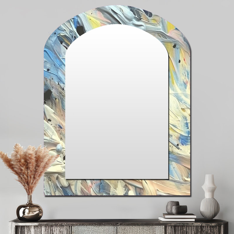 Summer Memories Abstract In White And Blue - Abstract Painting Arch Unique Wall Mirror, Modern Asymmetrical Mirror, Printed Metal Art