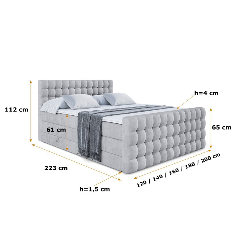 Brandalucci Pocket Spring Mattress Divan Bed Base, Light gray, 200 x 200 cm