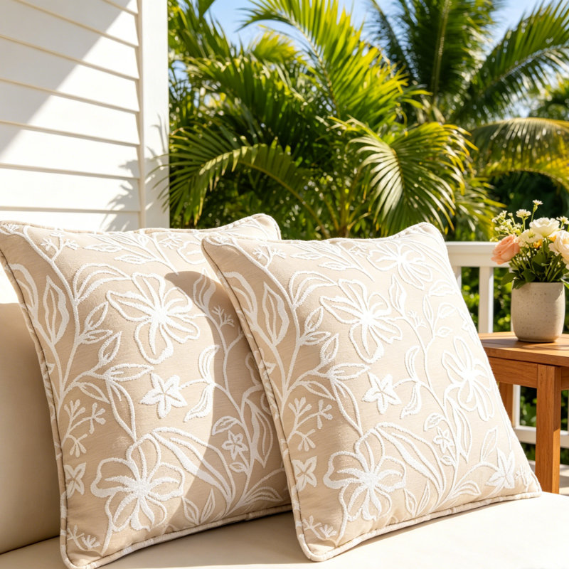 Housse et insert de coussin intérieur / extérieur en polyester, 16,54 po x 16,54 po x 6,1 po, Coton, Floral beige clair