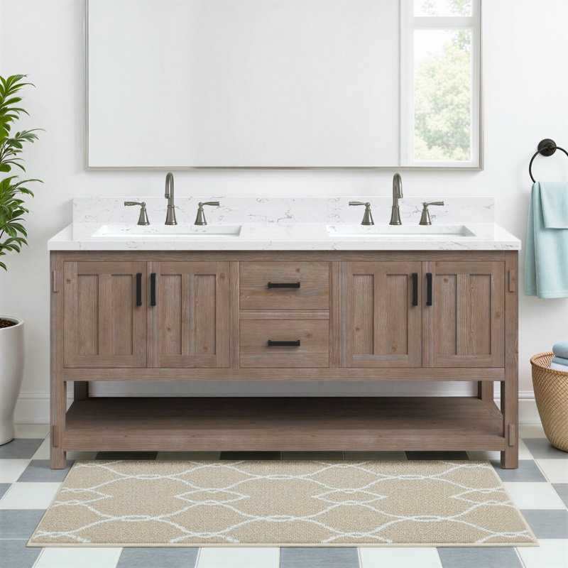 Meuble-lavabo double autoportant Floyd de 60 po avec comptoir en pierre reconstituée, Épinette brune
