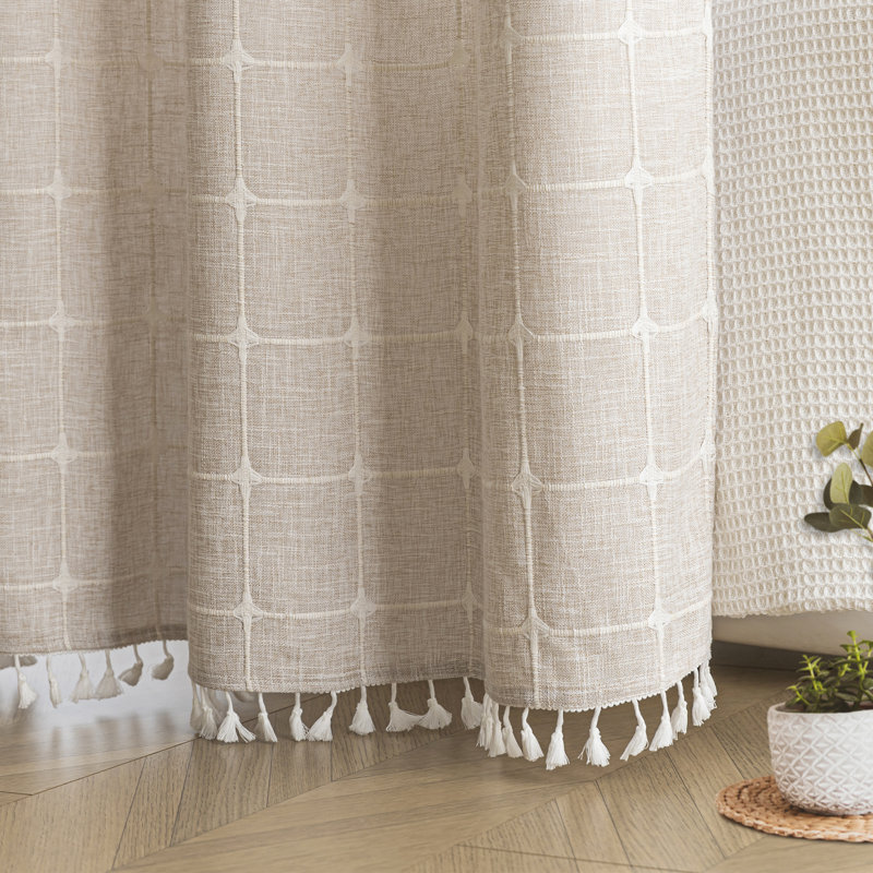 Clairece Geometric Tassels Shower Curtain with Snap-in Liner, No Hooks Required, Cream