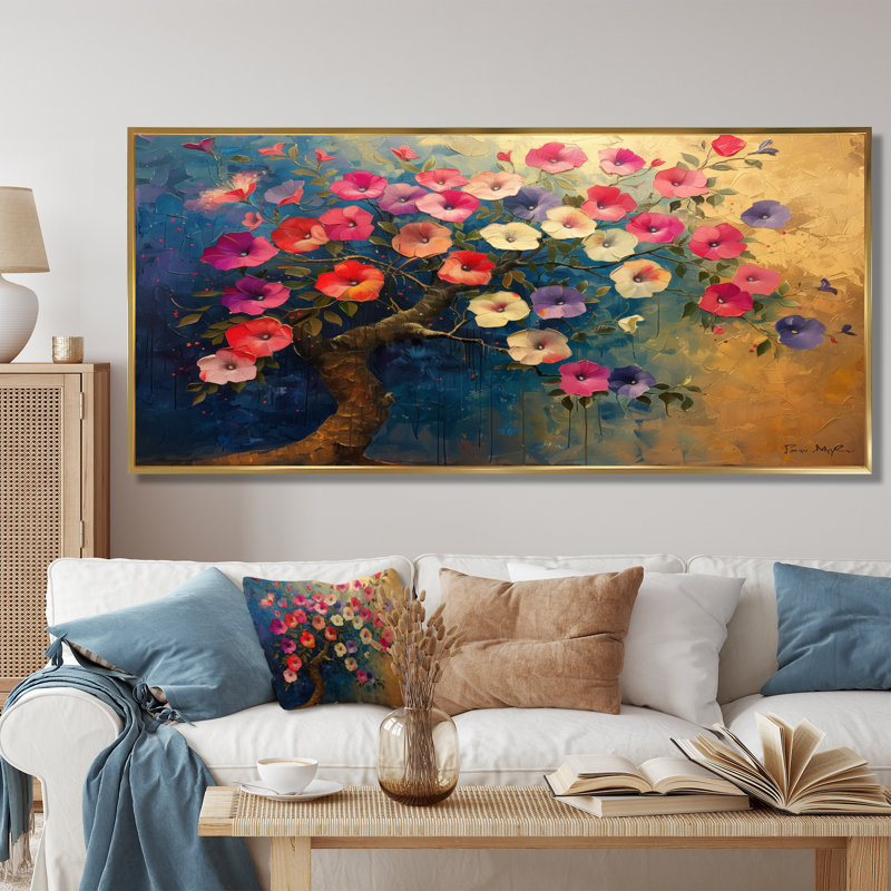 «Rose Glory Morning Vibrant Tree I», art mural, Cadre flottant doré, H 28 po x l 60 po