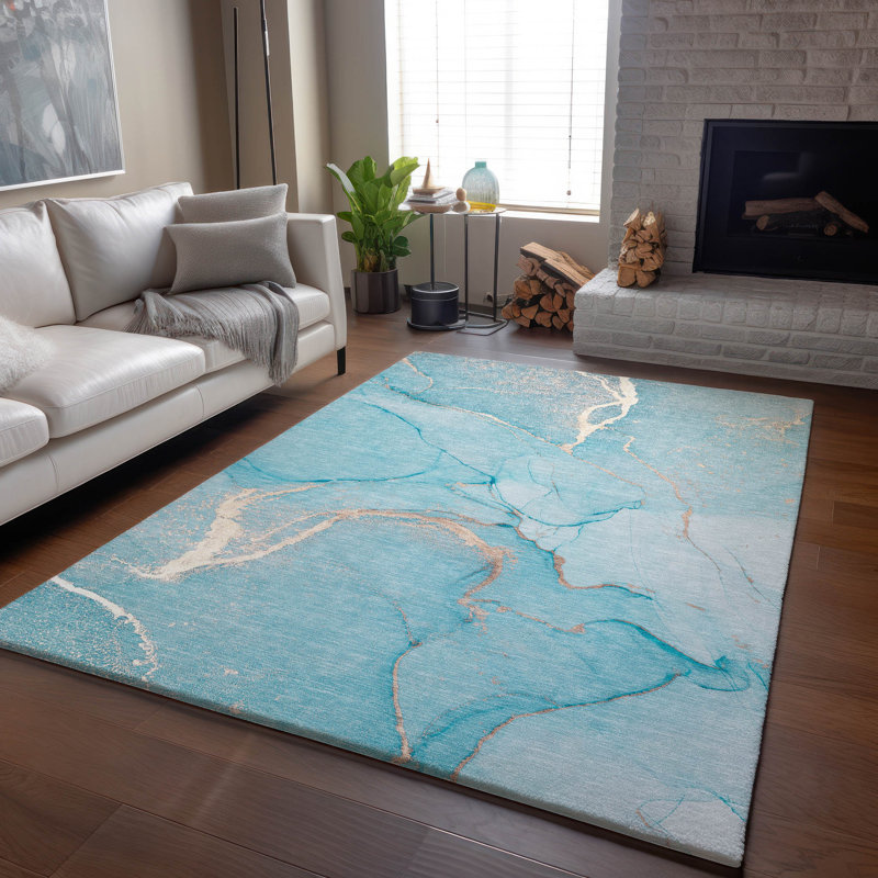 Tapis bleu sarcelle de qualité supérieure lavable à la machine Cerrito AMF510, Rectangle 10 pi x 14 pi