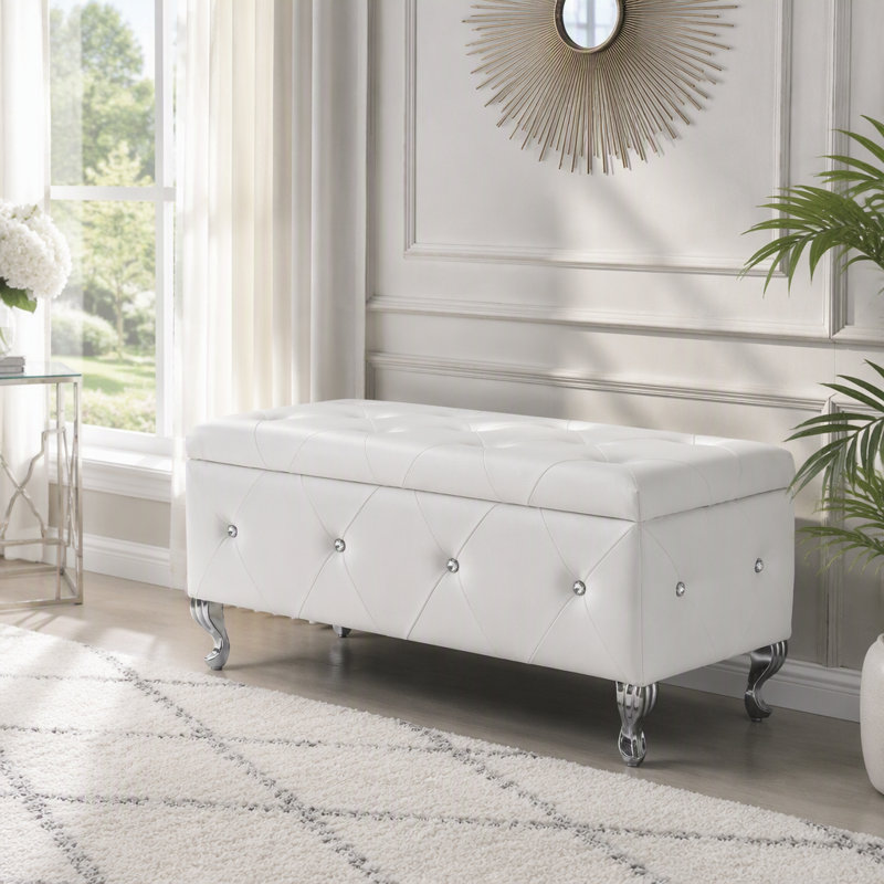Banc de rangement en similicuir de luxe avec boutons en cristal et charnière de sécurité