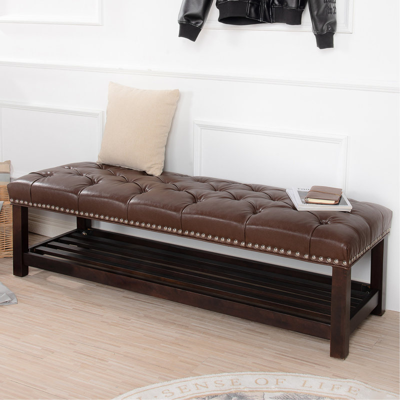 Banc de 60 po avec repose-pieds en cuir, chambre à coucher et salon, brun foncé avec pattes, rangement pour chaussures long, revêtement