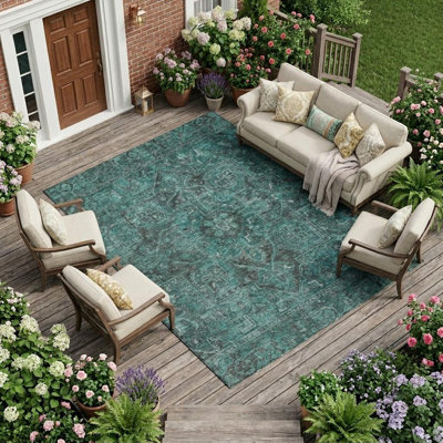 Tapis extérieur lavable antidérapant de style oriental 9 pi x 12 pi turquoise