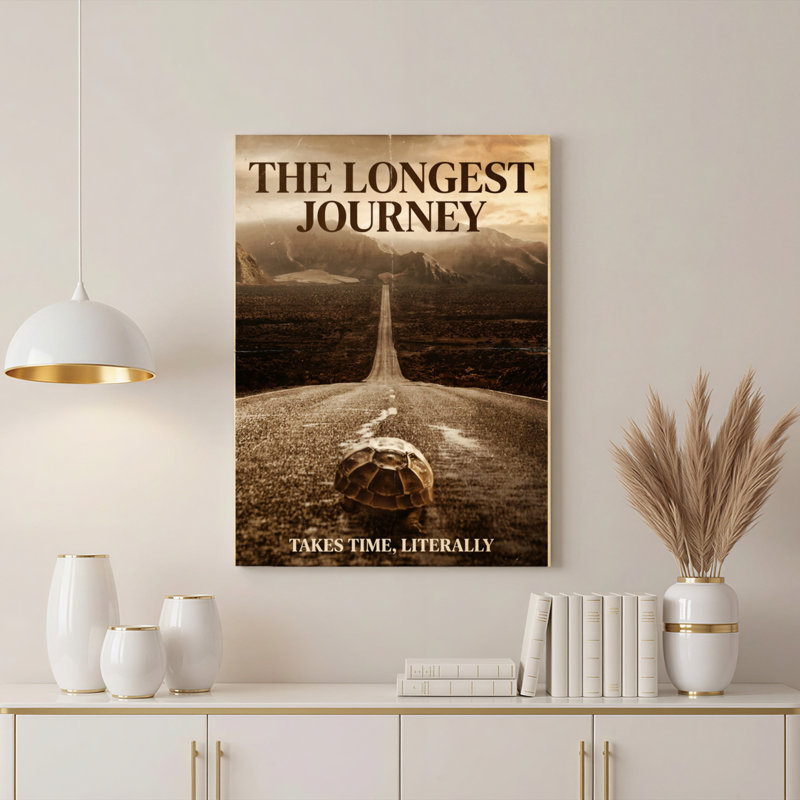 Ensemble d'une toile tendue « Le plus long voyage : la route de la tortue »., H 30 po x l 20 po