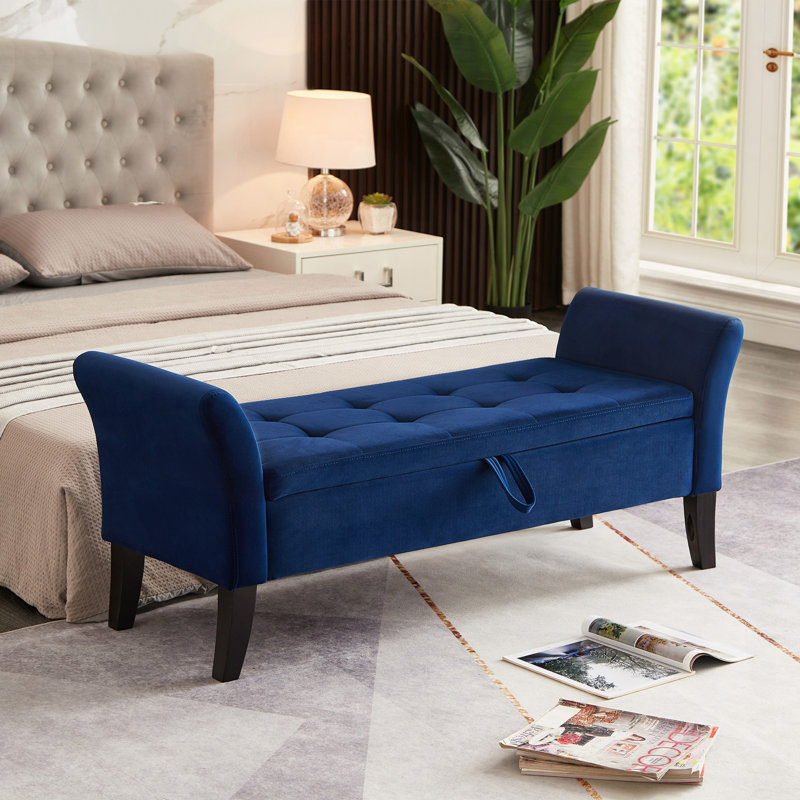 Banc de lit 51,5 po avec rangement en velours bleu marine