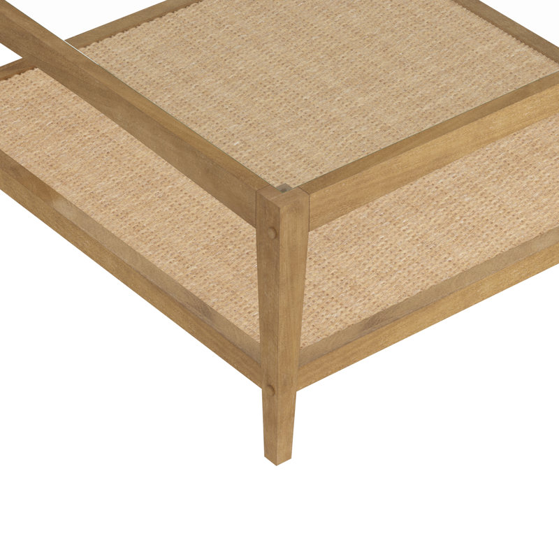 Glass Top Coffee Table With Solid Wood Frame And Rattan Shelf