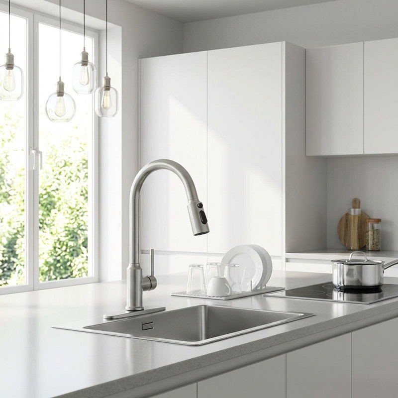 Modern High Arc Single Handle Pull-down Sprayer Kitchen Faucet With Deckplate And Supply Lines In Brushed Nickel