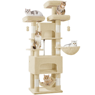 Cat Tree for Indoor Cats, 176cm Large Cat Tower, Multi-layer Scratching Post with 3 Platforms, 2 Caves, 7 Sisal Posts, Hammock, Pompoms, Heavy-Duty for Multi-Cat Homes