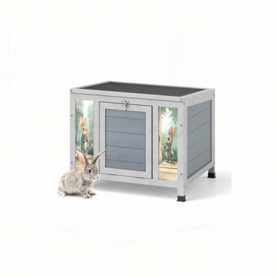 Small Outdoor Wooden Rabbit Hutch with Lockable Door & Weatherproof Roof, Openable Top, Bunny Cage Pet House for Rabbits, Guinea Pigs Cats Chicks , Gray with Colorful Patterns