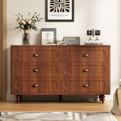 Mid Century Modern Drawer Dresser, 6 Drawer Fluted Dresser with Solid Wood Legs, Gold Handles & Curved Edges Design for Entryways, Living Room,