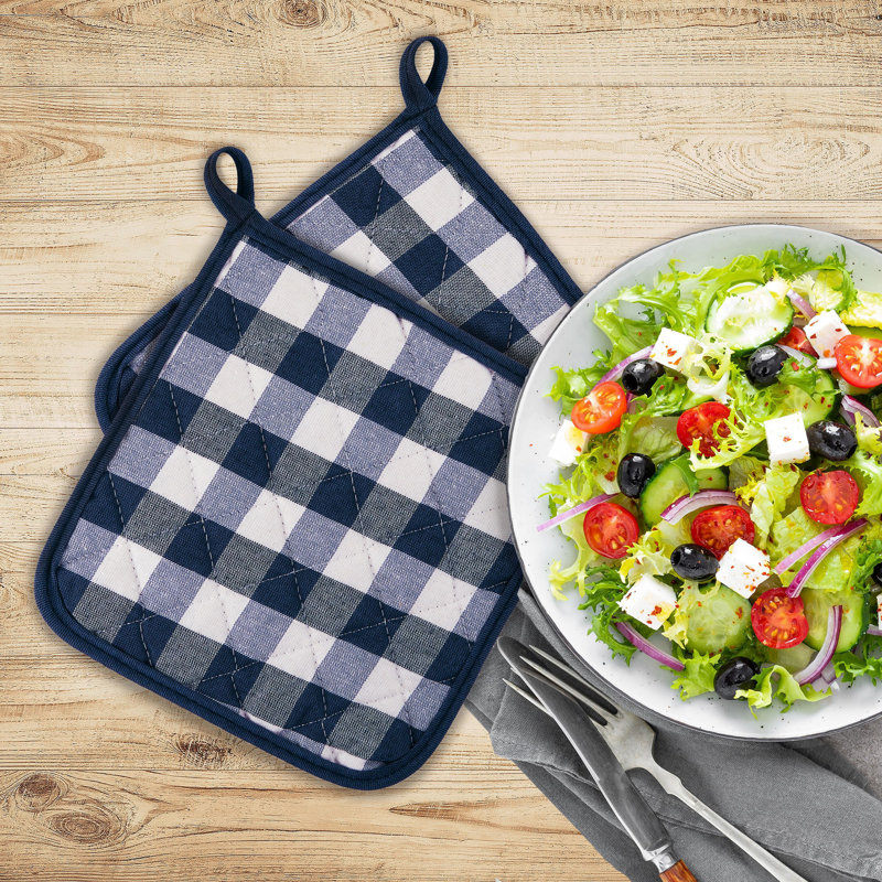 Live Life Products Checkered Polyester Potholder Set, Navy/White