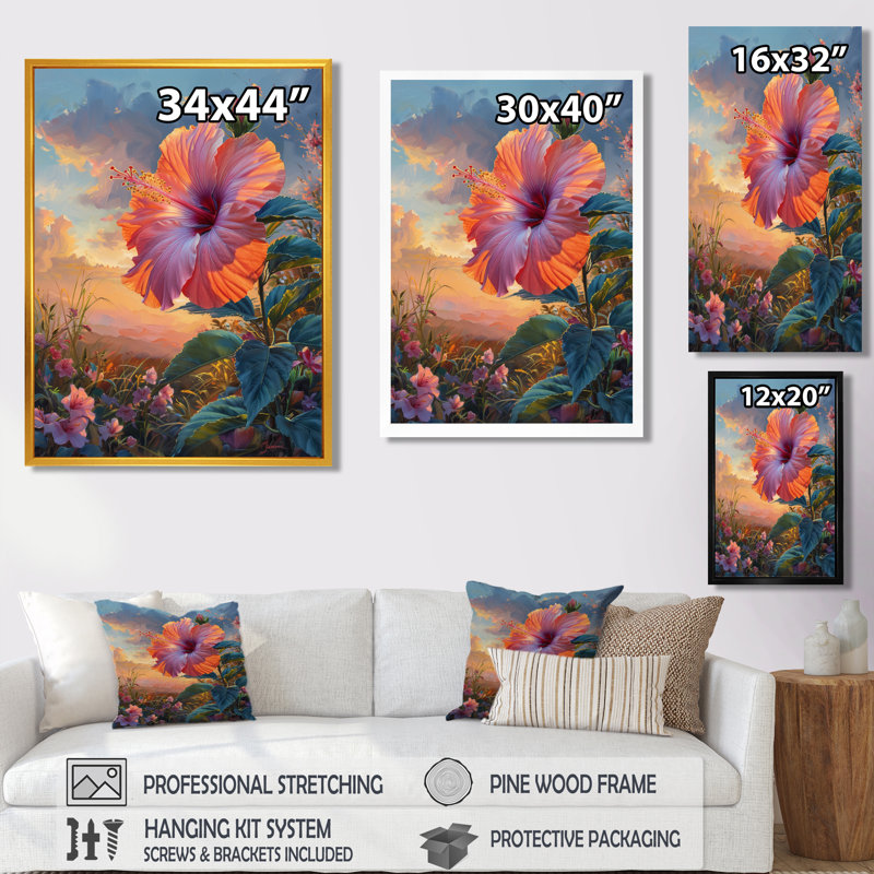 Hibiscus rose, vert, coucher de soleil tropical - Hibiscus, Toile tendue, H 16 po x l 32 po