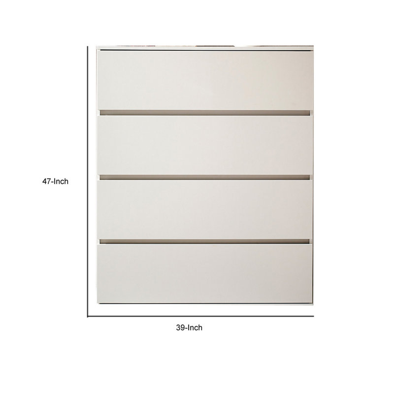 Lina Tall Dresser Chest, 4 Self Closing Drawers, Narrow Bar Handles, White