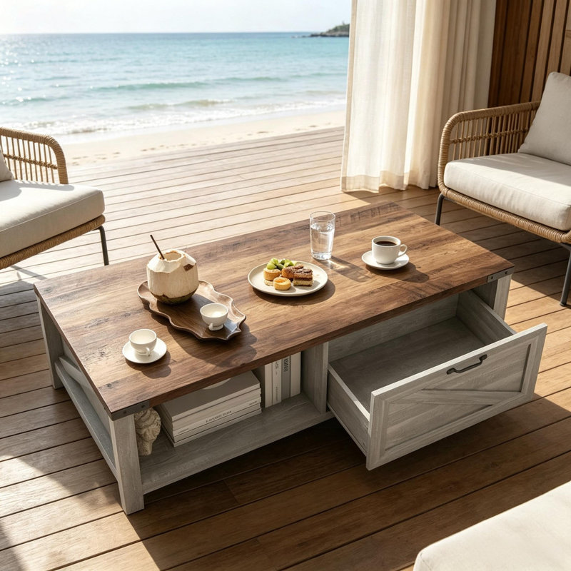 Table basse de 46 po avec tiroir et tablettes ouvertes