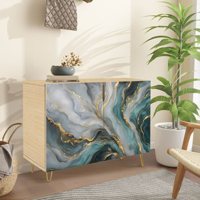 Buffet Buffet avec rangement Aquarelle noir blanc et paillettes dorées, éclaboussures d'encre couleur alcool avec 2 portes pour le salon et la cuisine
