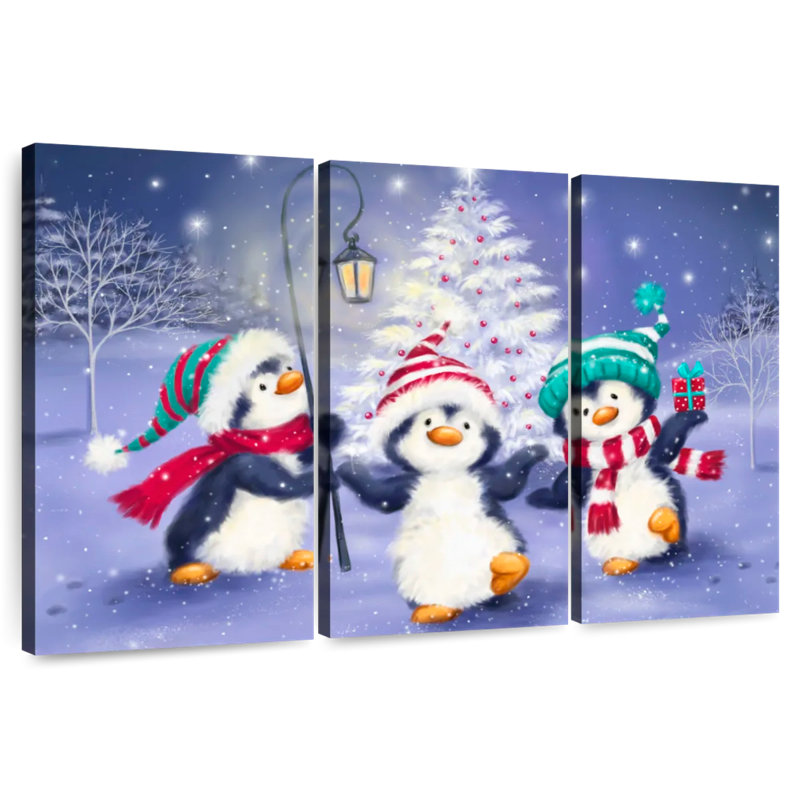 Trois pingouins avec arbre de Noël, H 28 po x l 45 po