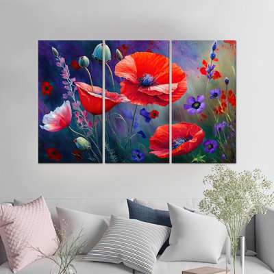 Élégante toile imprimée: art mural floral coquelicot rouge, toile tendue 3P