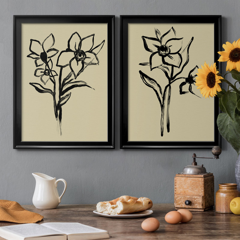 Encre florale I, reproduction encadrée de qualité supérieure - prête à être suspendue, Cadre noir