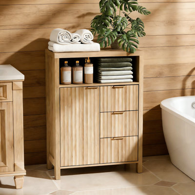 Fluted Door Bathroom Storage Cabinet With 3 Drawers & Adjustable Shelf, Natural Oak