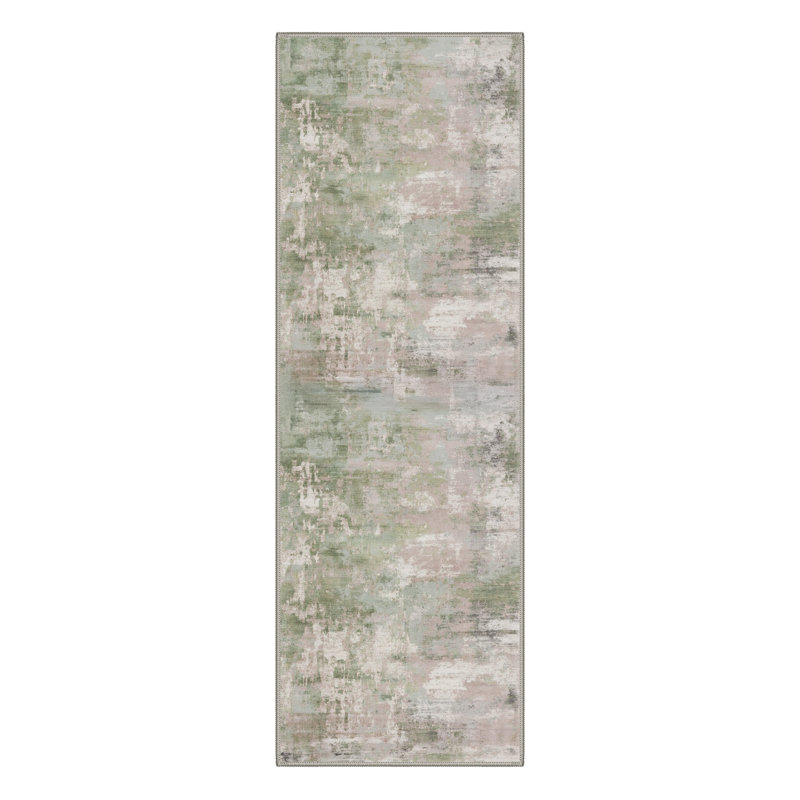 Lucchesi Mistral Abstract Machine Washable Grey / Pink / Green Indoor Area Rug with Non-Slip Backing, Runner 2' x 6'