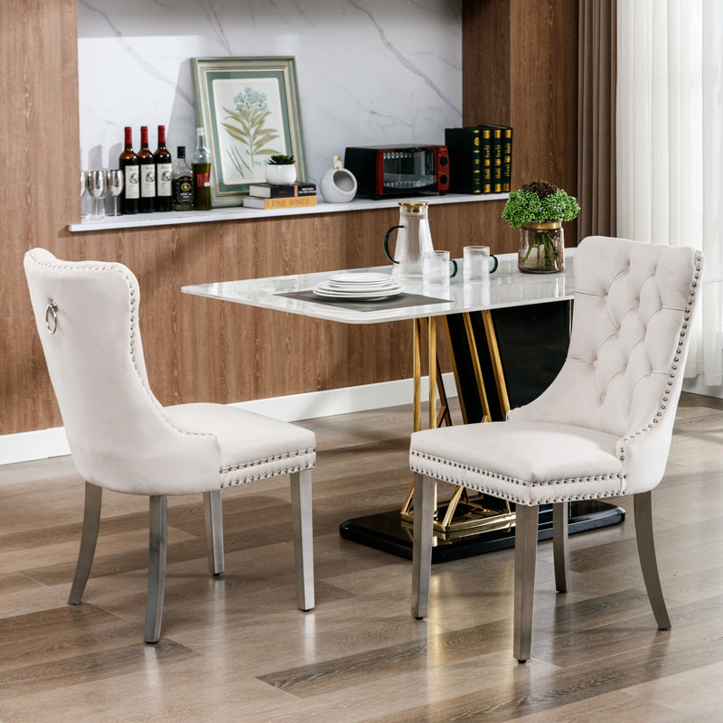 Modern Dining Chair With Beige Velvet Cover And Stainless Steel Legs, 2 High Upholstered Legs Back, 2, Color, Silver, Beige
