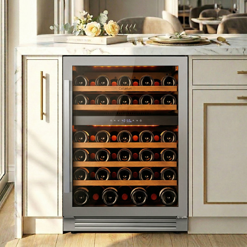 24" 52-Bottle Dual Zone Wine Cooler, Built-In & Freestanding, 5 Cu.Ft. Wine Refrigerator with 40–65°F, Amber/Blue/White LED, UV-Protected Double Glass, Hidden Hinges, Frost-Free, Carbon Filter, Front Vent, Compressor & Fan Cooling Wine Fridge