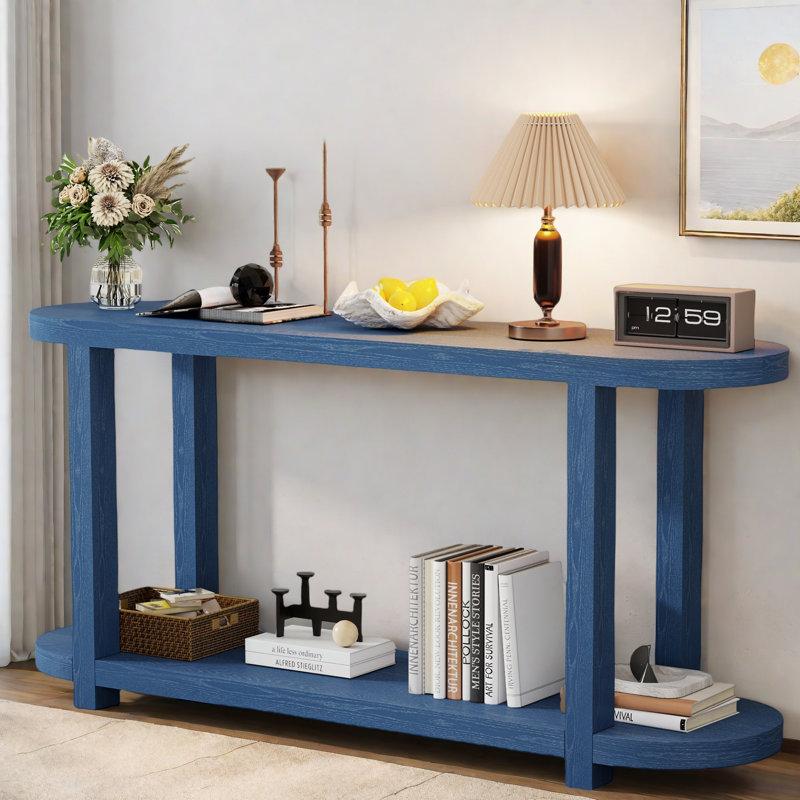 Minimalist Console Table With Oval Desktop And 2-tier Design, Navy