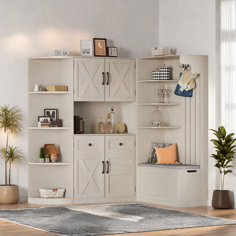 2 In 1 Multifunctional Left-right Combination Hall Tree With Open Shelving Areas, Cabinets, Flip Hidden Shelf And 4 Hooks