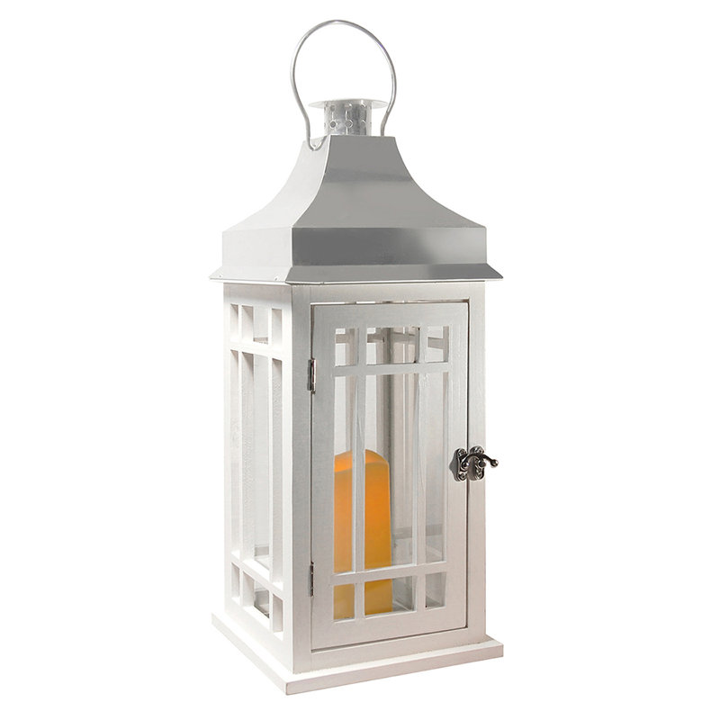 Lanterne blanche en bois avec toit chromé et bougie à piles