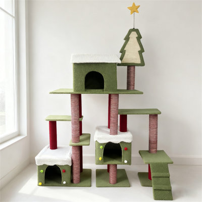 Très grand condo tour de chat de Noël 74,5 po | Arbre à chat festif à plusieurs niveaux avec poteaux à griffer en sisal et cabanes douillettes | Idée cadeau